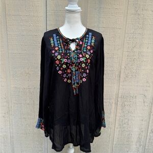 Johnny Was Long Sleeve Black Tunic with Colorful Embroidery and Tie Neck